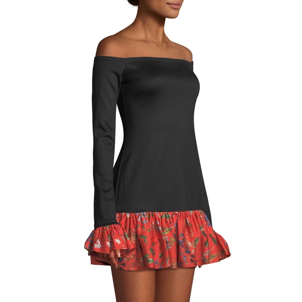 ALEXIS Estelle Off-Shoulder Black Long Sleeve Mini Dress Ruffled Red Floral Trim
